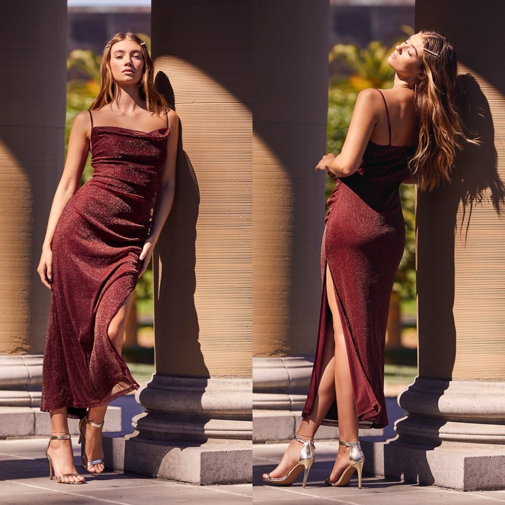 Lulus Next Please Gold and Burgundy Cowl Neck Bodycon Dress